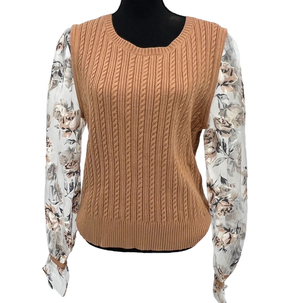 Anthropologie Maeve Tan Cable Knit Crew Sweater Sheer Rose Print Sleeves X Large